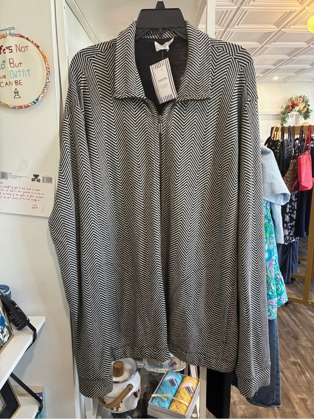 Armani Collezioni Black and White Chevron Zip-Up Sweater